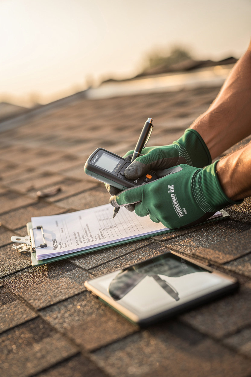 Raz's Roof Management professional conducting thorough roof inspection with tools in San Diego