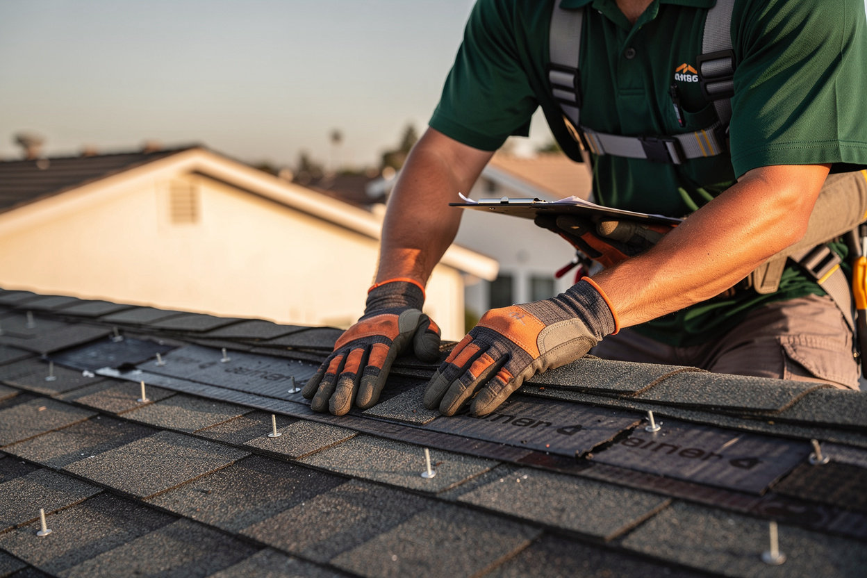 Raz's Roof Management professional roofer inspecting and repairing roof damage in San Diego